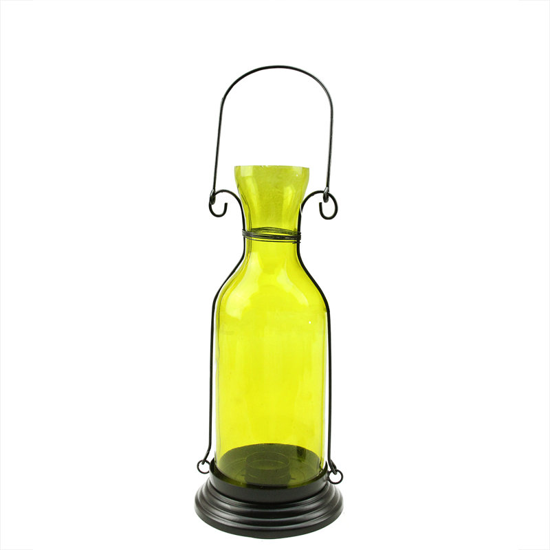 Yellow Glass Bottle Tea Light Candle Lantern with Metal Base