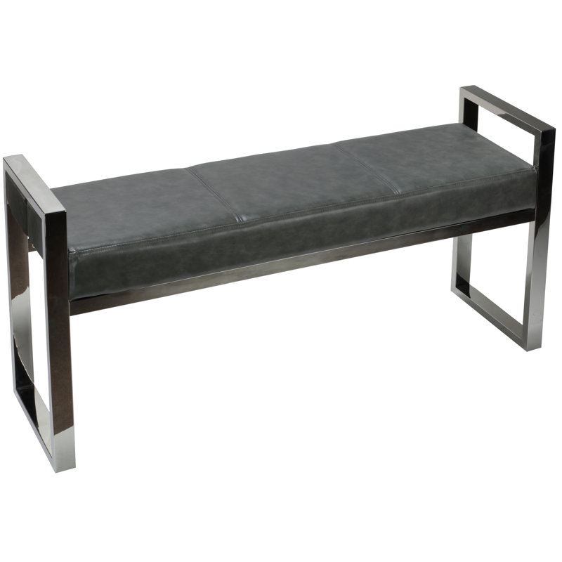 Gray Faux Leather and Chrome Metal Entryway Bench