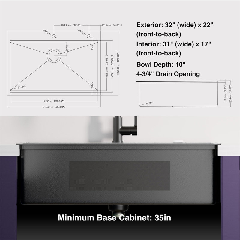 32x22 Inch Gunmetal Black Stainless Steel Single Bowl Workstation Sink