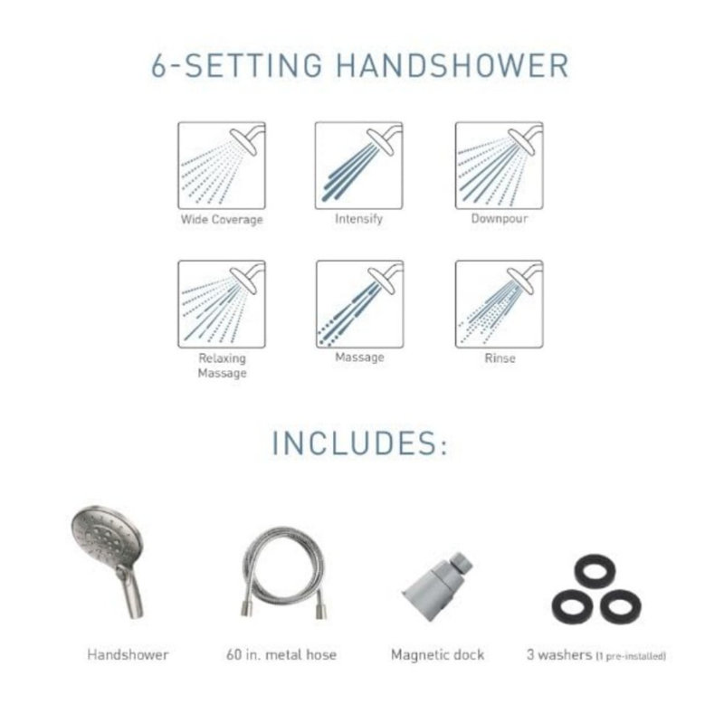 Brushed Nickel 6-Setting Handheld Rain Showerhead with Magnetic Dock