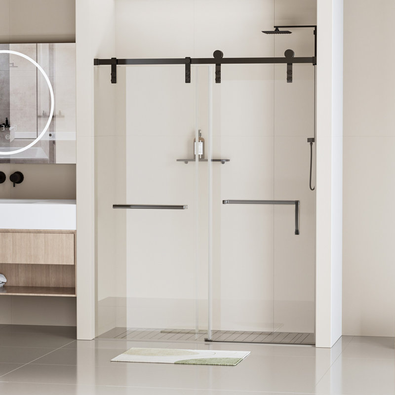 60" x 76" Frameless Matte Black Sliding Shower Door with Clear Tempered Glass
