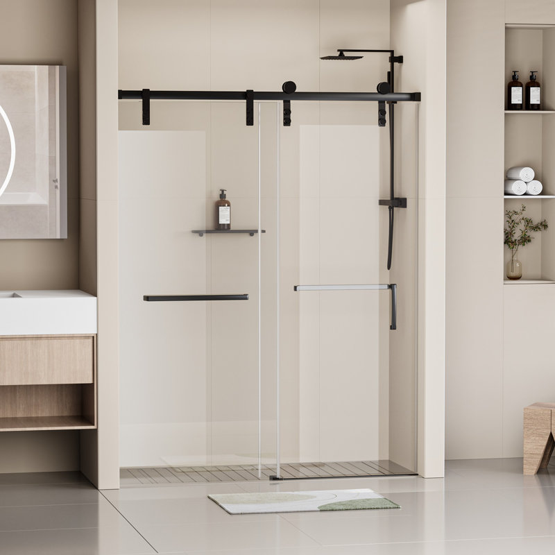 60" x 76" Frameless Matte Black Sliding Shower Door with Clear Tempered Glass
