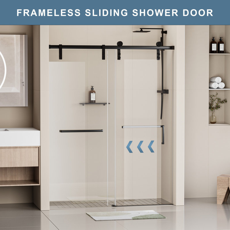 60" x 76" Frameless Matte Black Sliding Shower Door with Clear Tempered Glass
