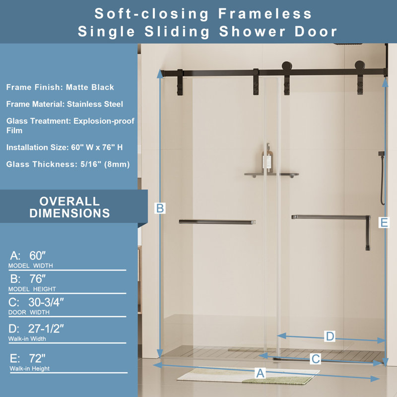 60" x 76" Frameless Matte Black Sliding Shower Door with Clear Tempered Glass