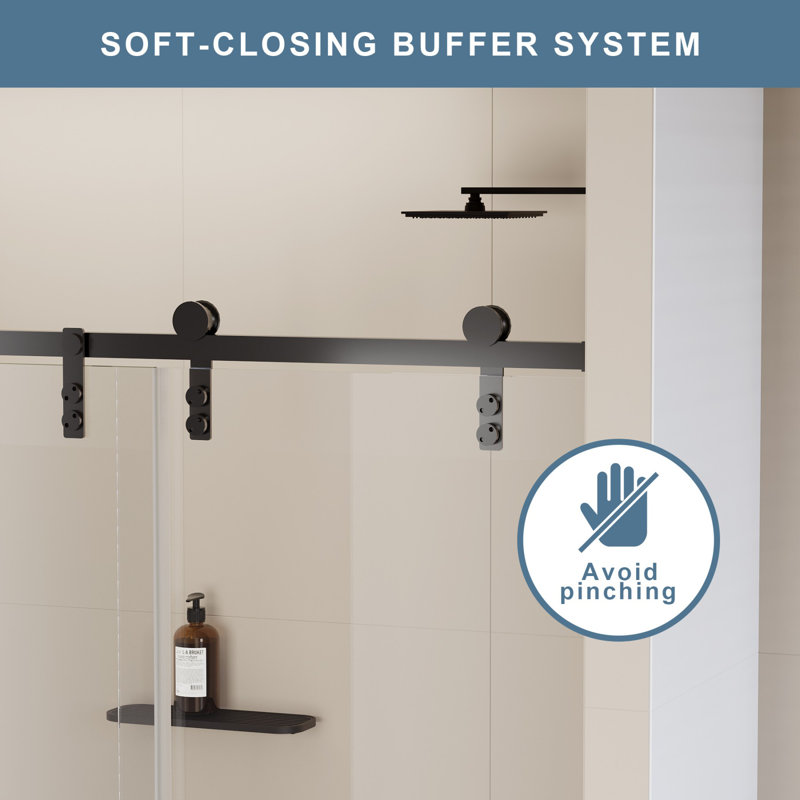 60" x 76" Frameless Matte Black Sliding Shower Door with Clear Tempered Glass