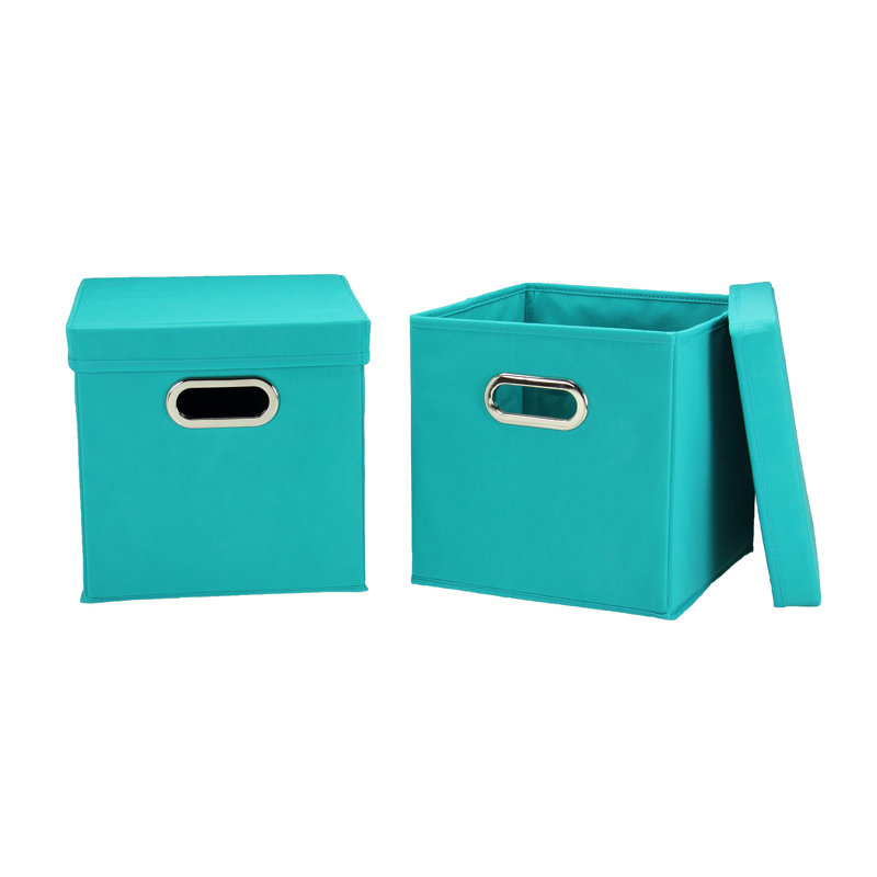 Aqua 11" Fabric Collapsible Lidded Storage Cubes (Set of 2)