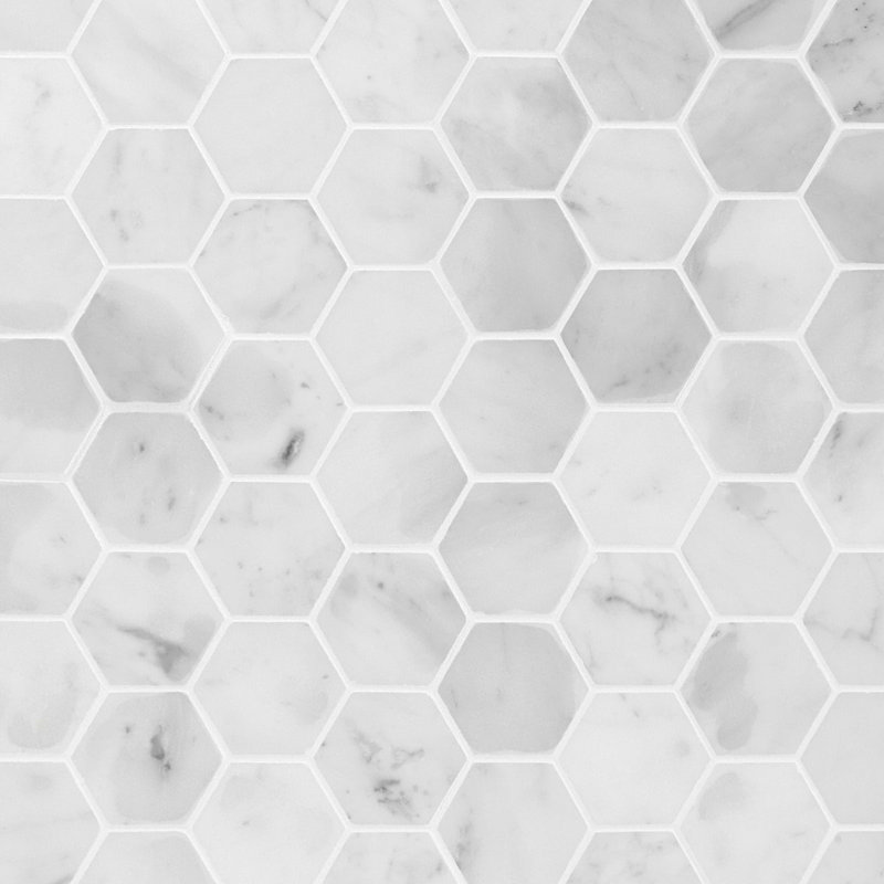 White Carrara 2" Hexagon Polished Marble Mosaic Tile