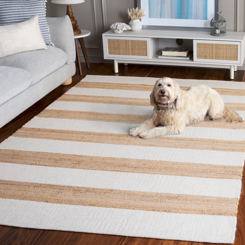 Handmade Ivory Stripe Wool Square Area Rug, 6'
