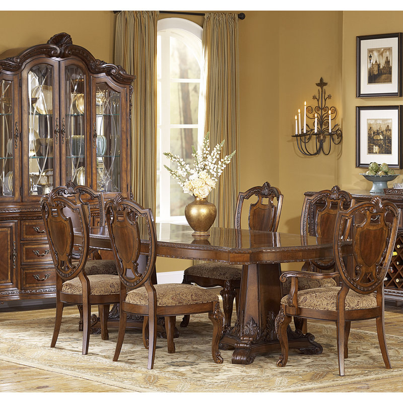 Old World Extendable Cherry Dining Table with Carved Pedestal Base