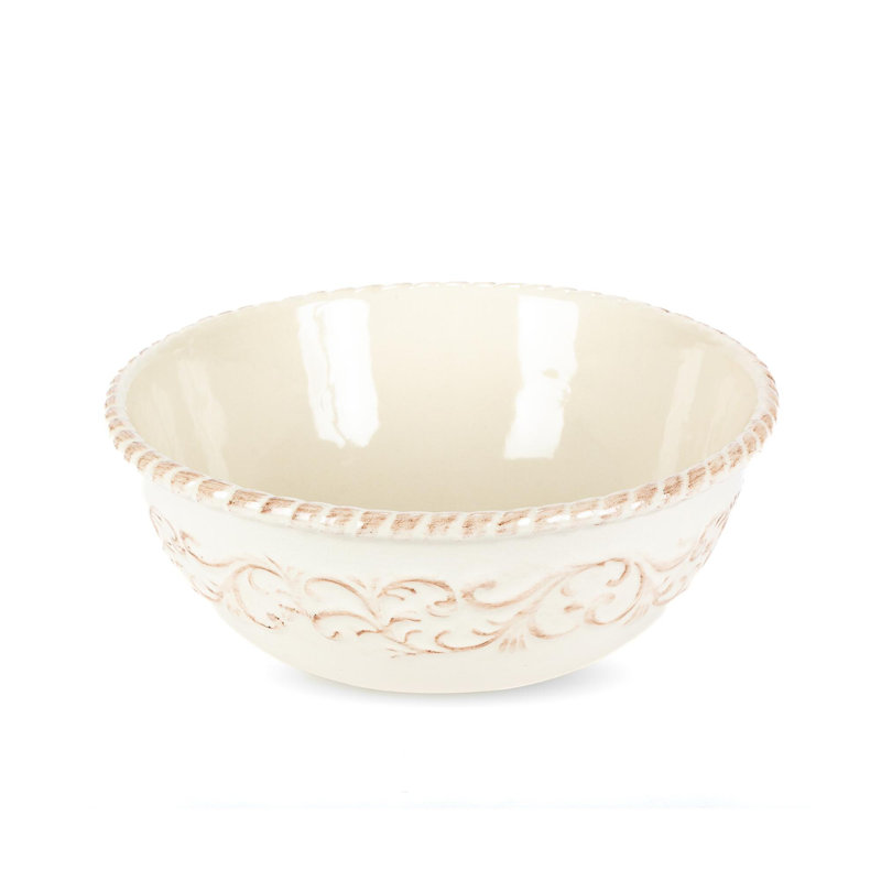 Cream Ceramic 12-Inch Bowl with Acanthus Leaf Metal Base