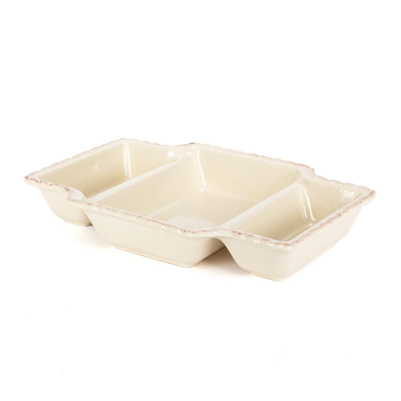 Acanthus Leaf Cream Ceramic 3-Part Rectangular Server with Metal Base