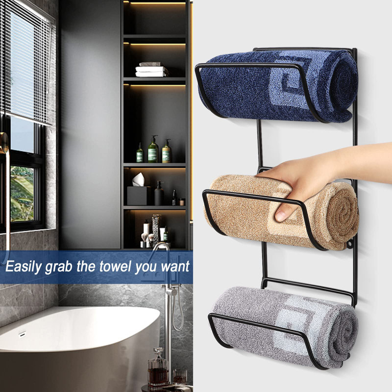 Matte Black Wall-Mounted 3-Tier Towel Rack Set with Storage Basket