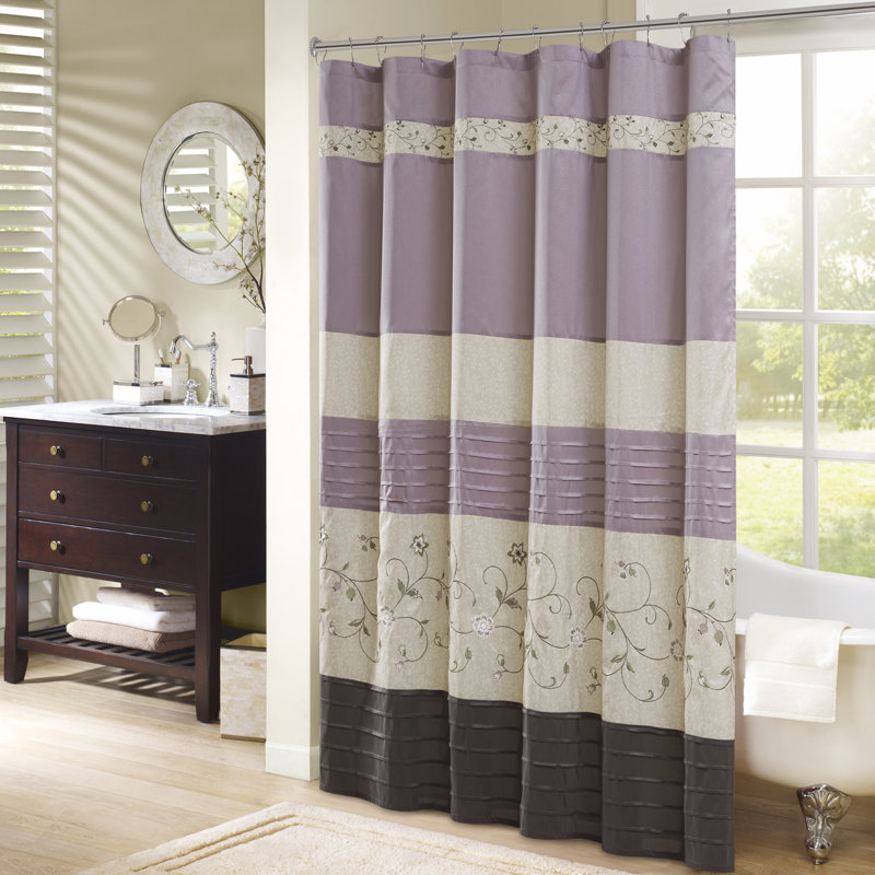 Purple Faux Silk Embroidered Floral Shower Curtain
