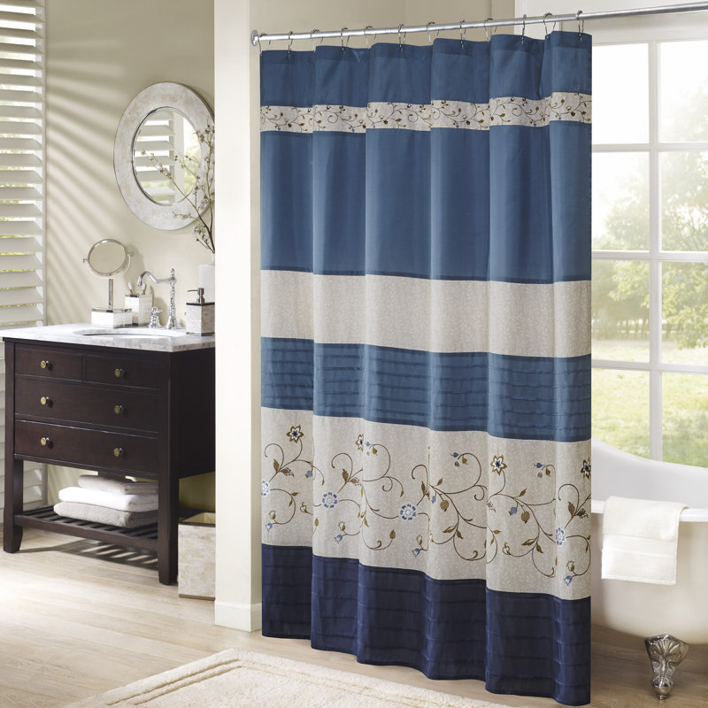 Navy Faux Silk Embroidered Floral Shower Curtain