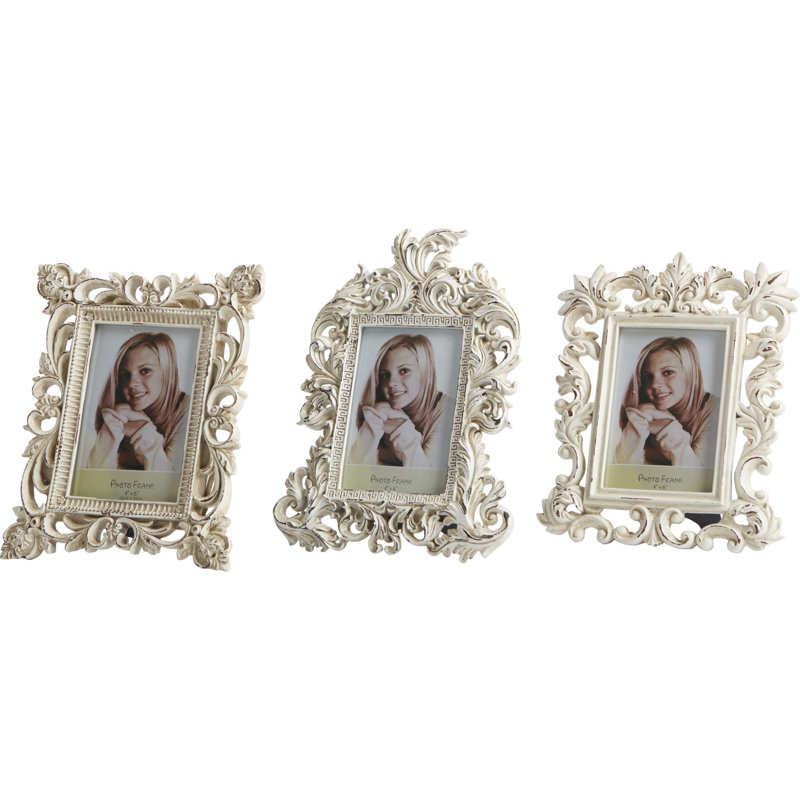 Distressed White Polystone Scrollwork Photo Frames Set of 3