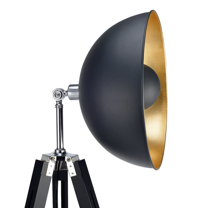 Black Adjustable Industrial Tripod Floor Lamp with Gold Interior
