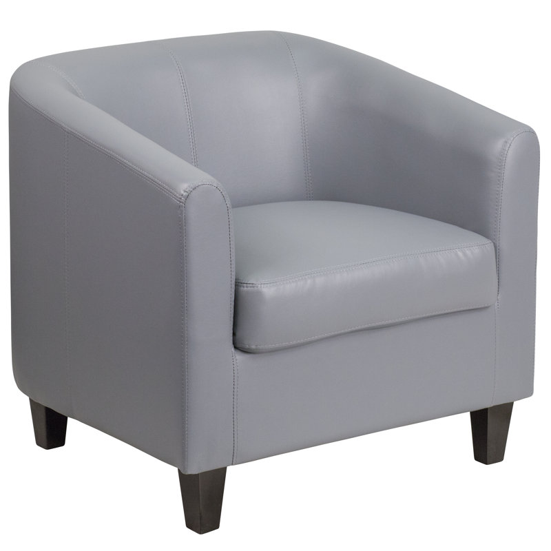 Elegant Gray Leather Barrel Lounge Chair with Wooden Accents