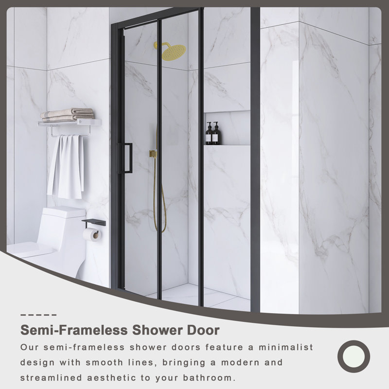 54" x 70" Matte Black Sliding Semi-Frameless Shower Door