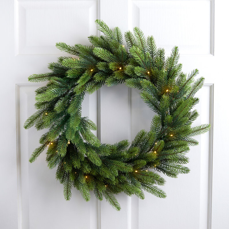 24" Green Pine Artificial Christmas Wreath with Warm White LED Lights