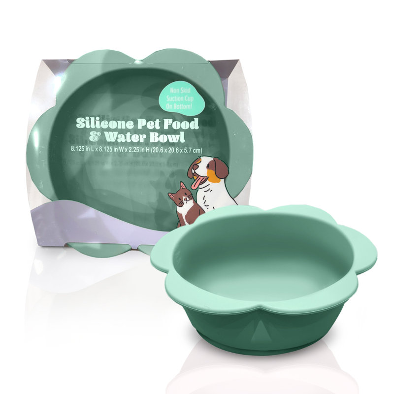 Green Flower-Shaped Silicone Pet Bowl with Non-Slip Suction Base