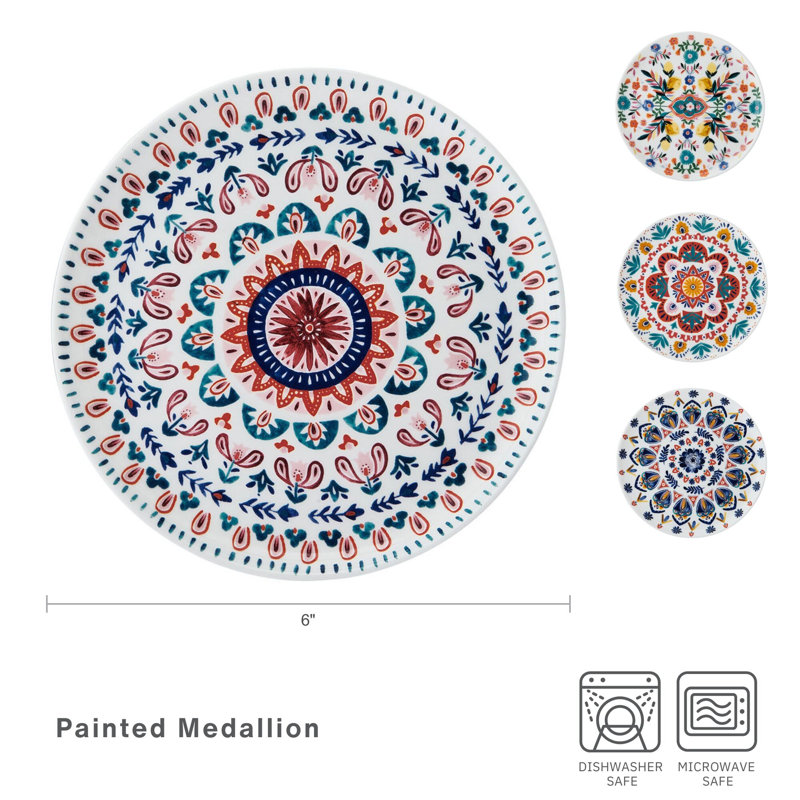 Colorful Medallion Pattern Porcelain Salad Plates, Set of 4