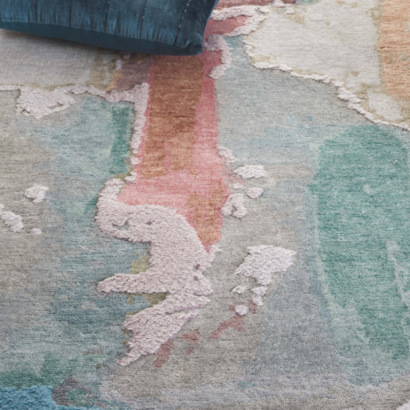 Handmade Blue and Blush Wool Abstract 6' x 9' Area Rug