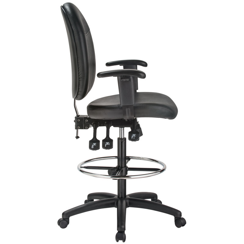 Harwick Adjustable High-Back Black Leather Drafting Chair with Metal Base