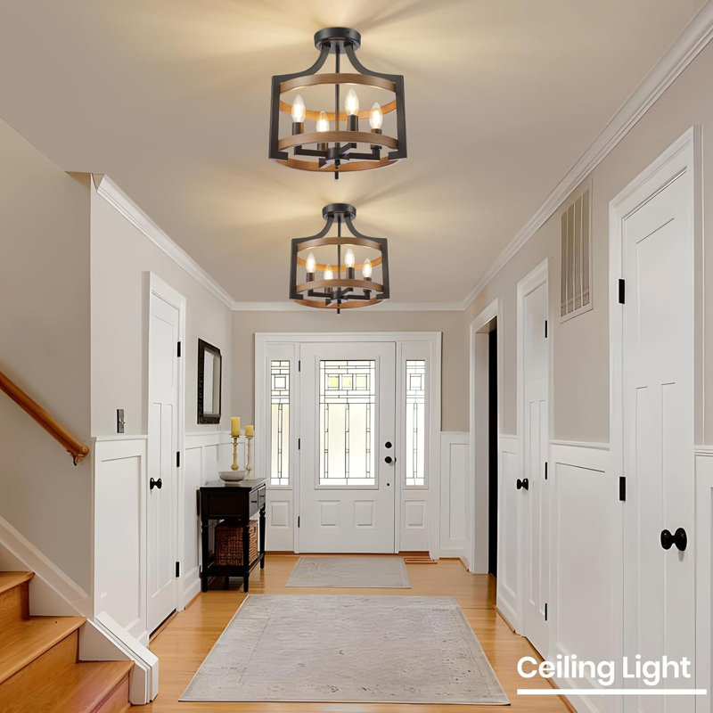 Black and Faux Wood Modern Farmhouse 4-Light Chandelier
