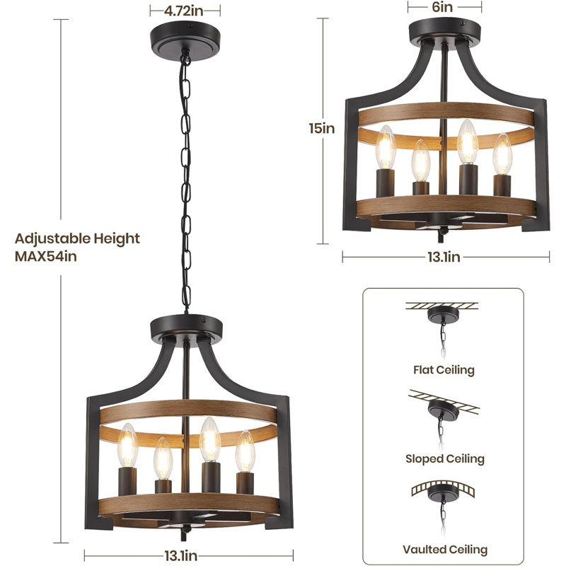Black and Faux Wood Modern Farmhouse 4-Light Chandelier
