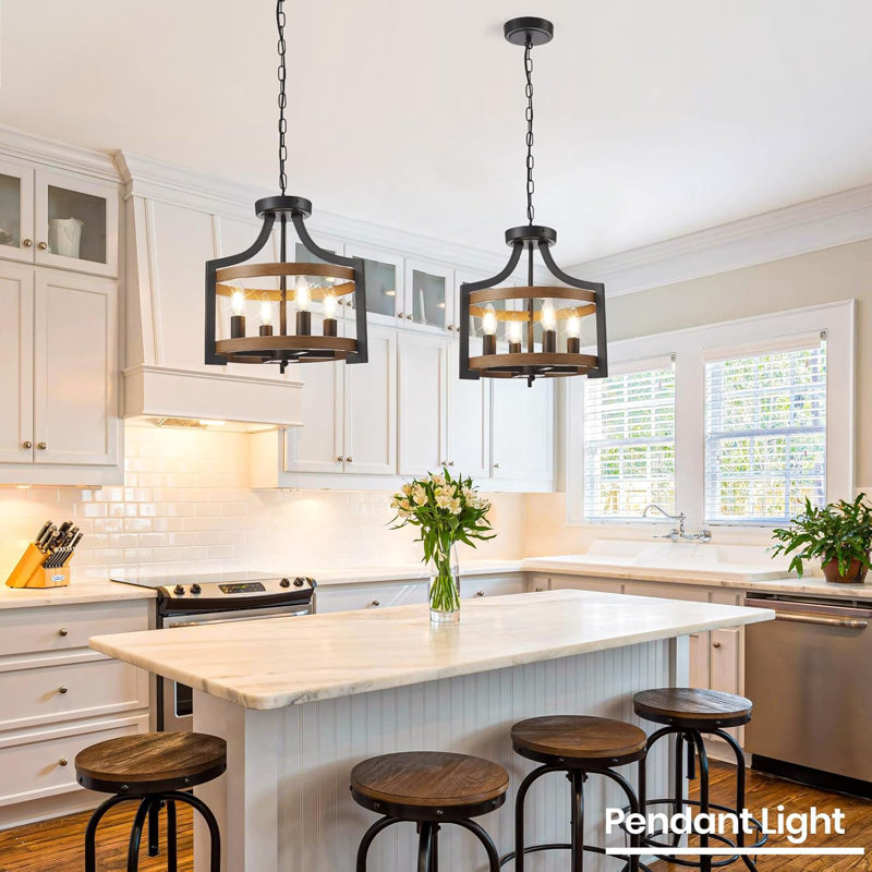 Black and Faux Wood Modern Farmhouse 4-Light Chandelier