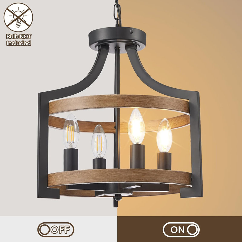 Black and Faux Wood Modern Farmhouse 4-Light Chandelier