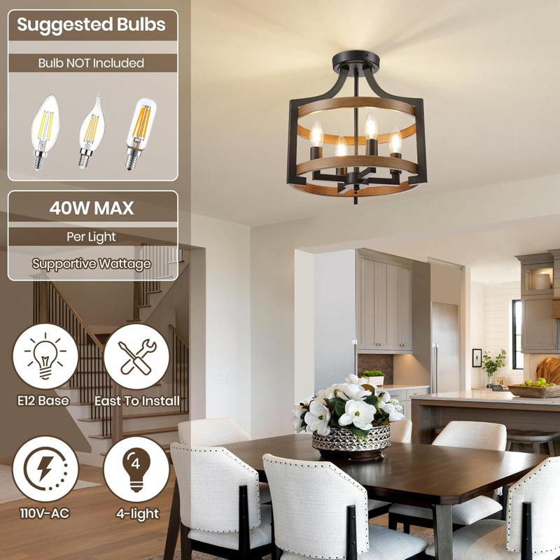Black and Faux Wood Modern Farmhouse 4-Light Chandelier