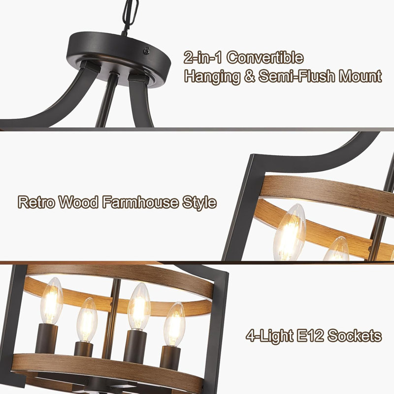Black and Faux Wood Modern Farmhouse 4-Light Chandelier