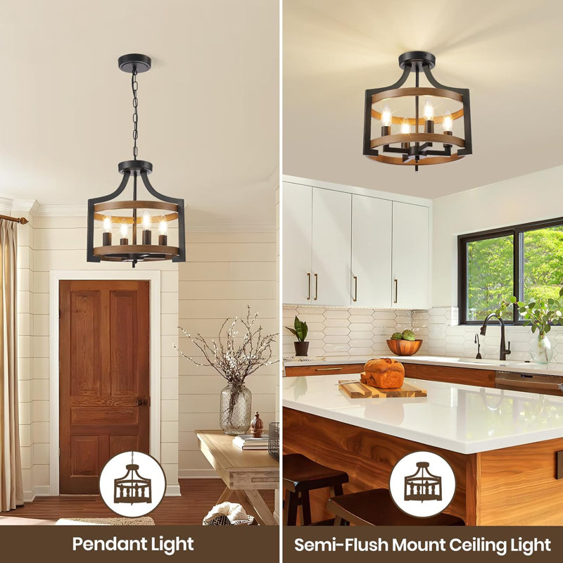 Black and Faux Wood Modern Farmhouse 4-Light Chandelier