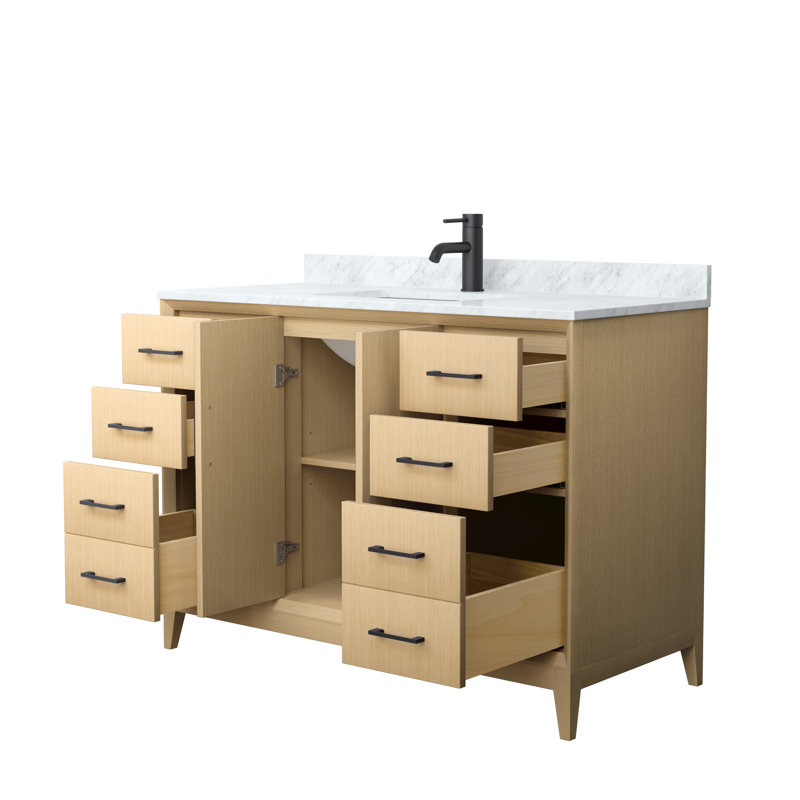Janna 48" White Oak Freestanding Single Vanity with Marble Top and Matte Black Hardware