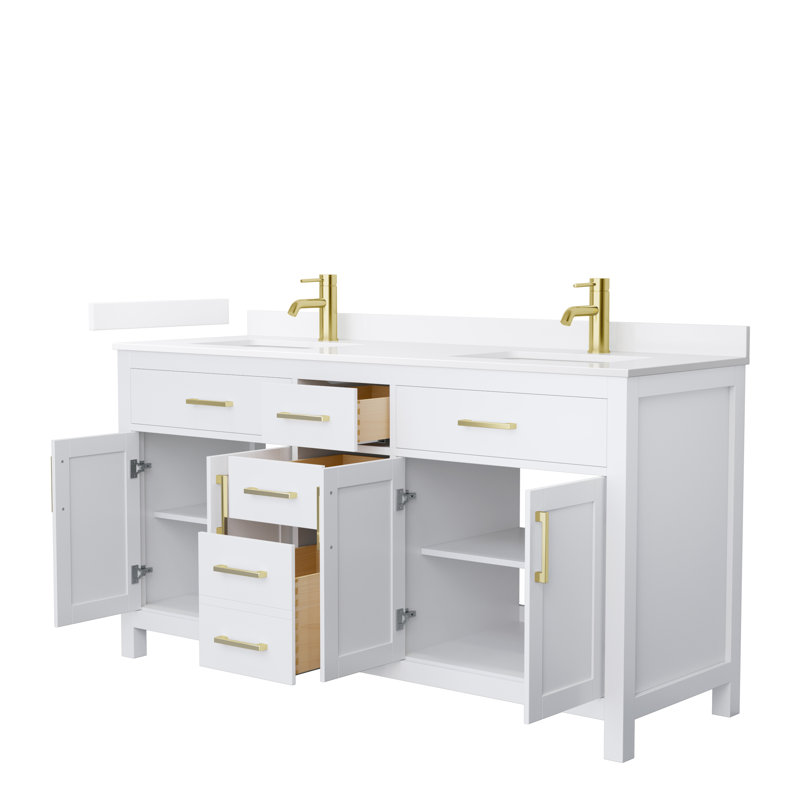 White Double Freestanding Bathroom Vanity with Gold Hardware and Quartz Top