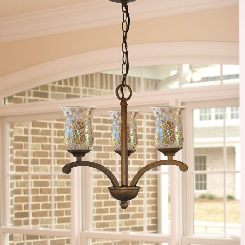 Apsley Antique Golden Bronze 3-Light Mosaic Glass LED Chandelier