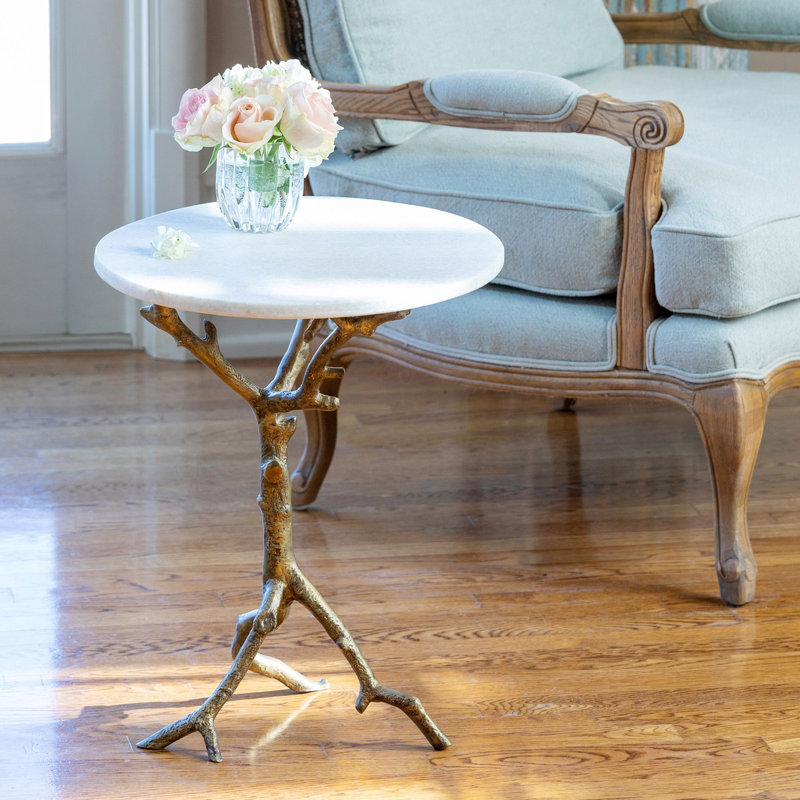 White Marble and Antique Gold Branch Accent Table