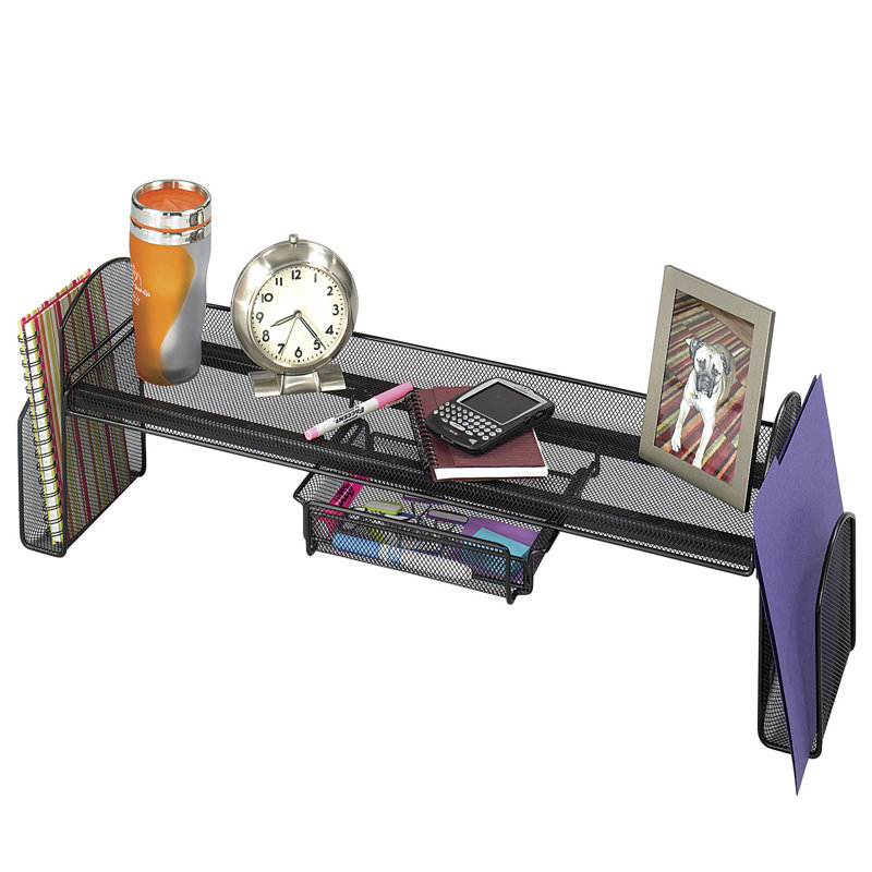 Sleek Black Steel Mesh Desk Organizer with Sliding Drawer