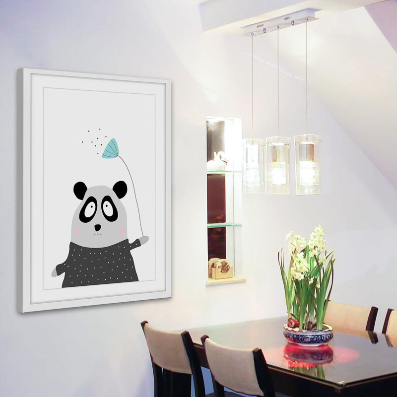 Whimsical Panda with Flower Canvas Print in White Frame