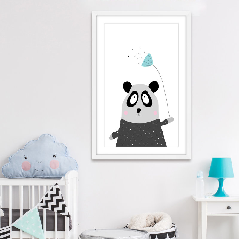 Whimsical Panda with Flower Canvas Print in White Frame
