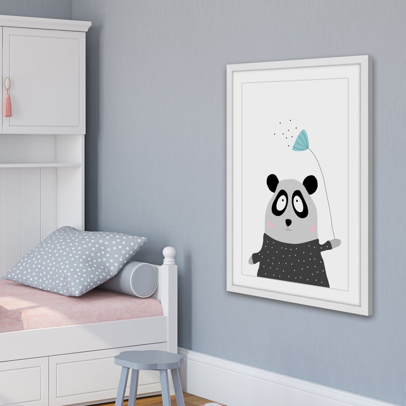Whimsical Panda with Flower Canvas Print in White Frame