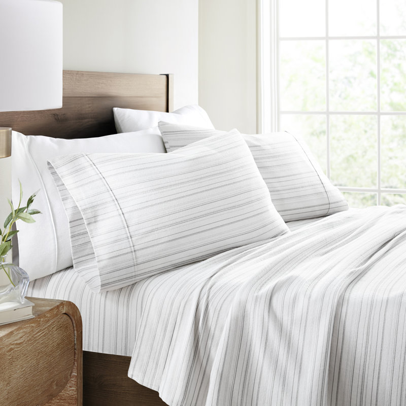 King Gray Cotton Flannel Stripe Sheet Set