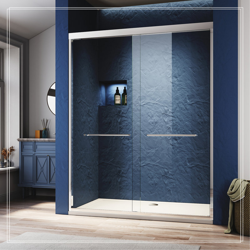 60" x 72" Semi Frameless Sliding Aluminum Shower Door with Clear Tempered Glass