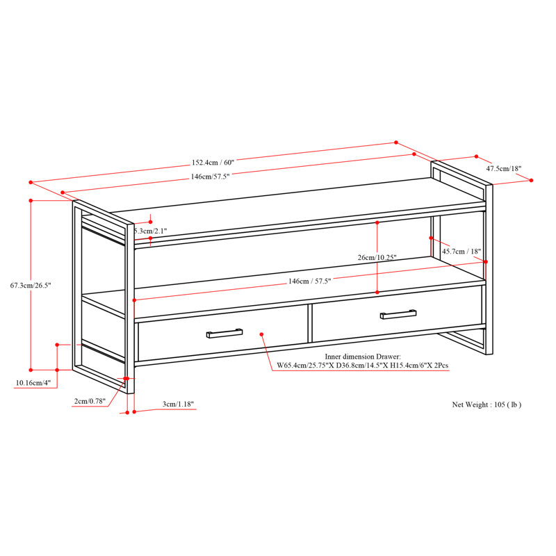 Riverside 60'' Natural Brown and Black Metal Wood TV Cabinet