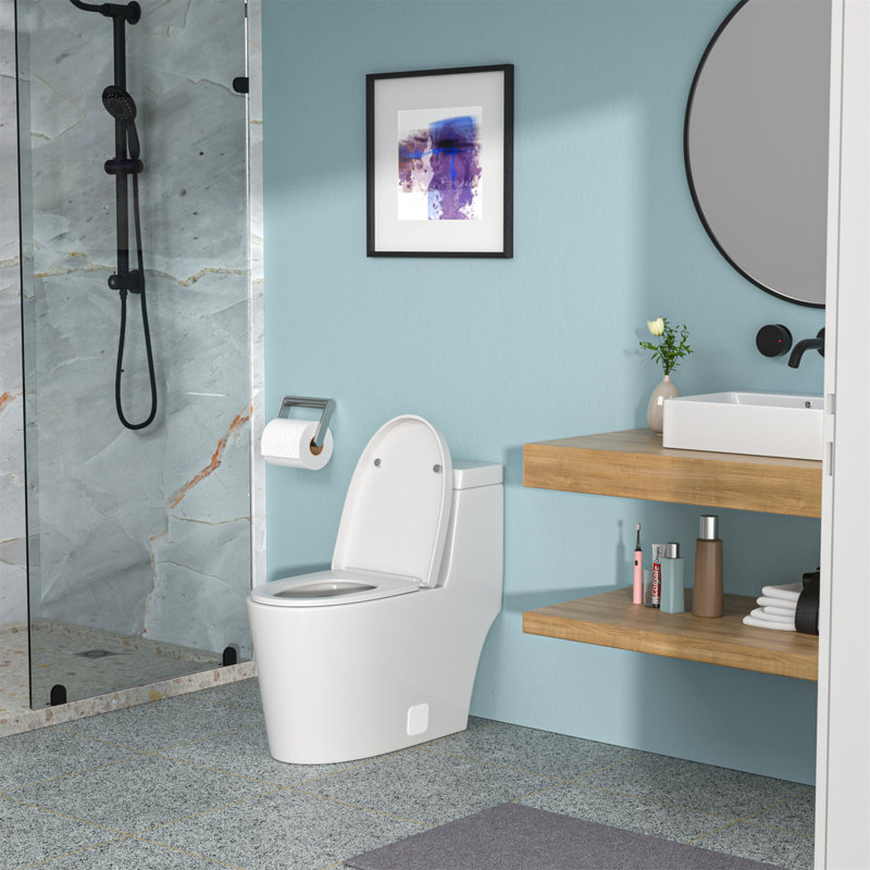 White Ceramic Elongated One-Piece Toilet with Silent Flush