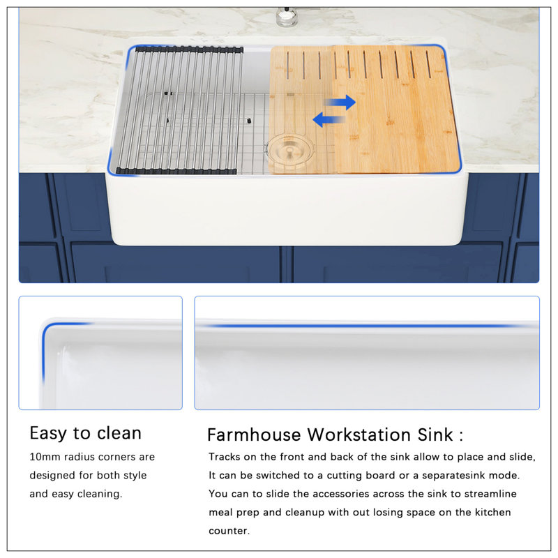 White Fireclay 30" Farmhouse Kitchen Sink with Accessories