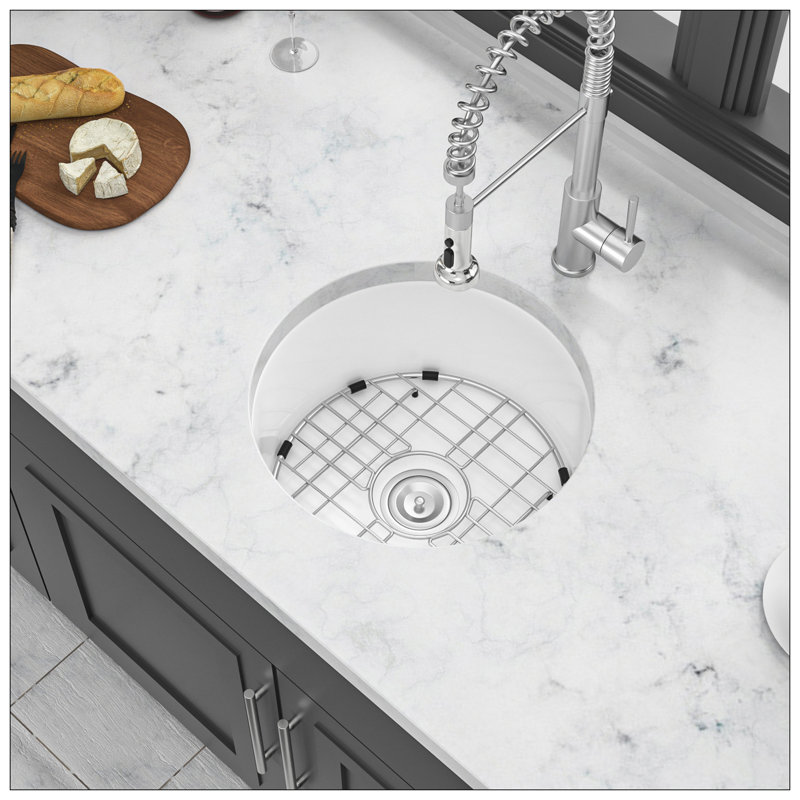 18 Inch White Ceramic Farmhouse Drop-In Kitchen Sink with Grid and Strainer