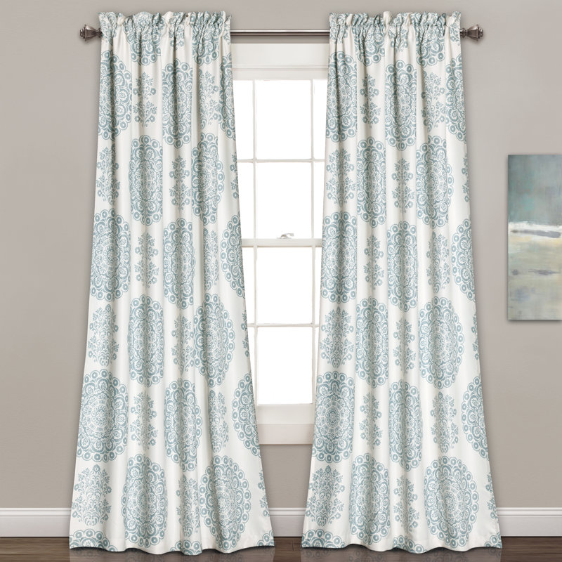Blue Medallion Pattern Blackout Polyester Curtain Pair