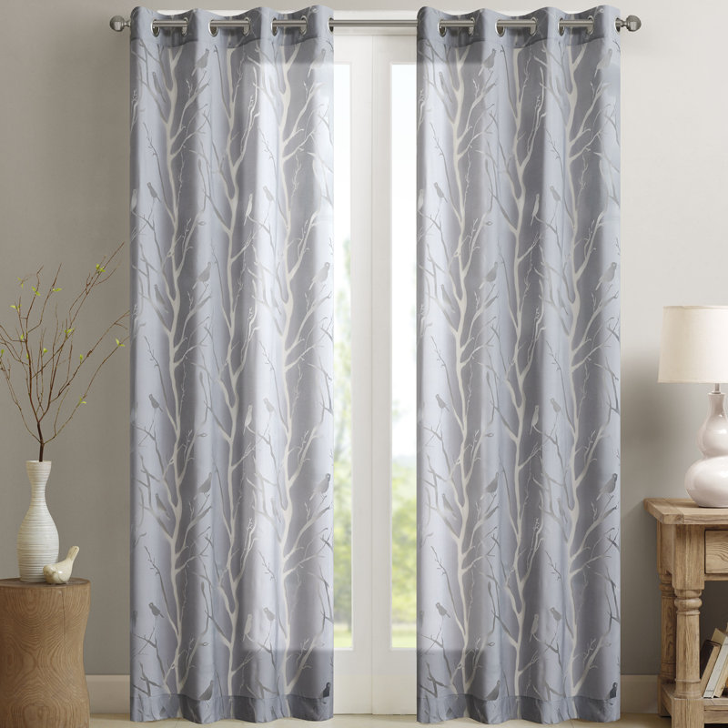 Silver Sheer Bird Design Grommet Window Curtain Panel